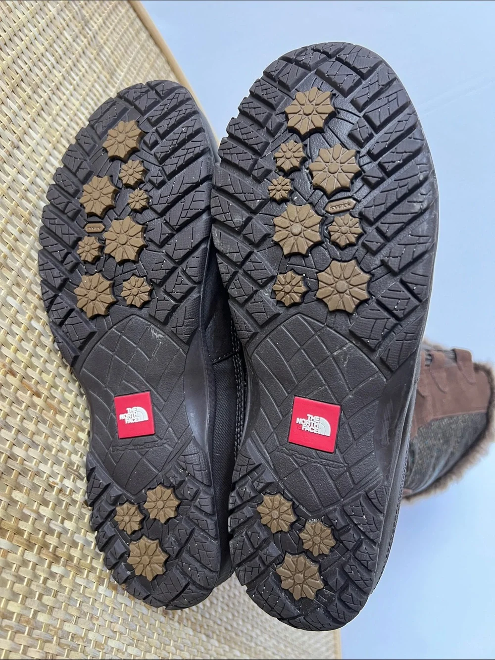 The North Face Nuptse Purna winter boots brown suede multi tweed faux fur 8.5